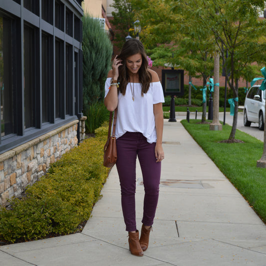 Burgundy Skinnies + Neutral Accessories
